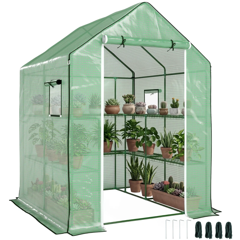 Outsunny Portable Greenhouse, Walk-In Small Outdoor Green House with 2 Tier U-Shaped Flower Rack Shelves, 4.6' x 4.7', Green