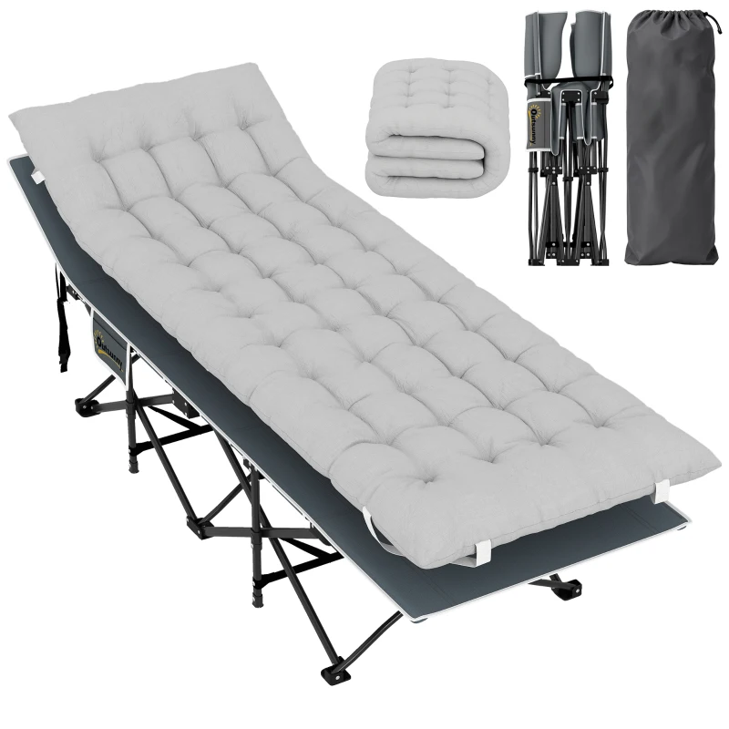 Outsunny 25.6" Wide Folding Bed, Camping Cot for Adults with Mattress, Carry Bag, Storage Pocket, Max Load 330 LBS, Light Grey