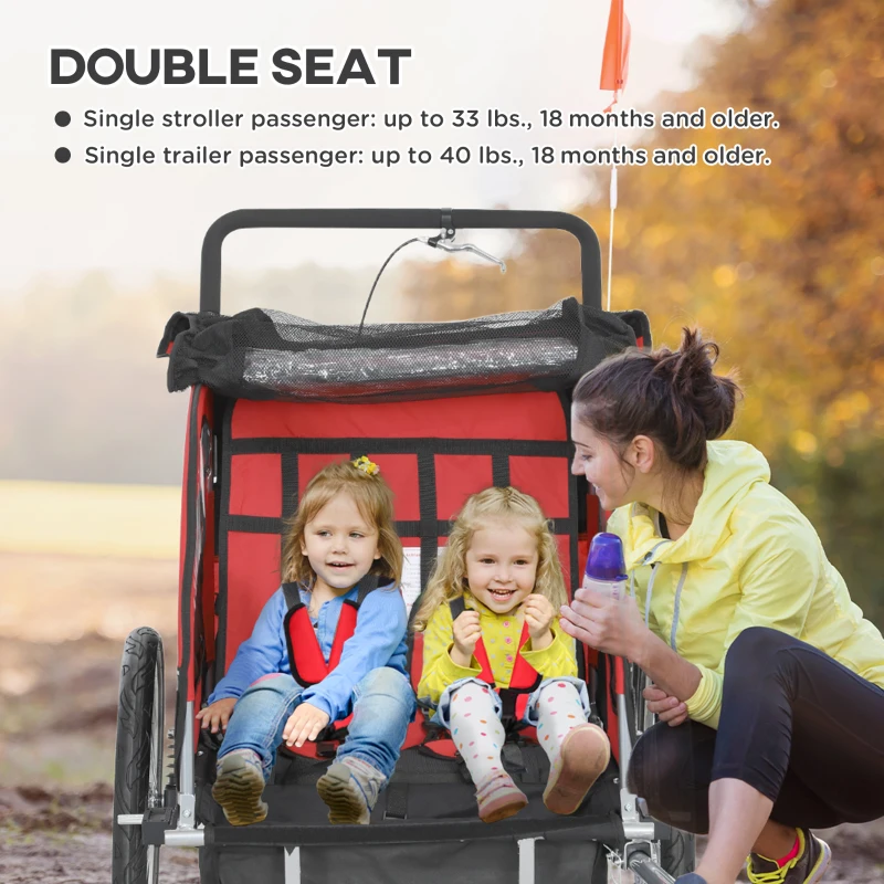 Aosom 2-Seat Elite 360 Swivel Bike Trailer for Kids Bicycle Cargo Trailer with Water-Resistant Windows, Black and Red