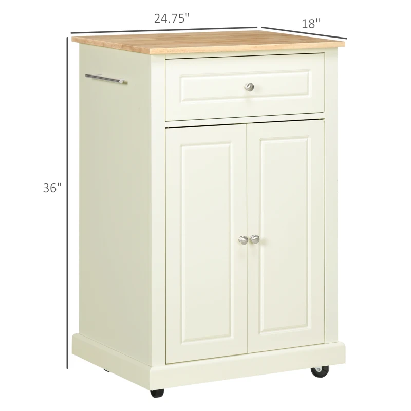 HOMCOM Rolling Kitchen Island Cart, Portable Serving Trolley Table with Drawer, Adjustable Shelf and 2 Towel Racks, Cream White