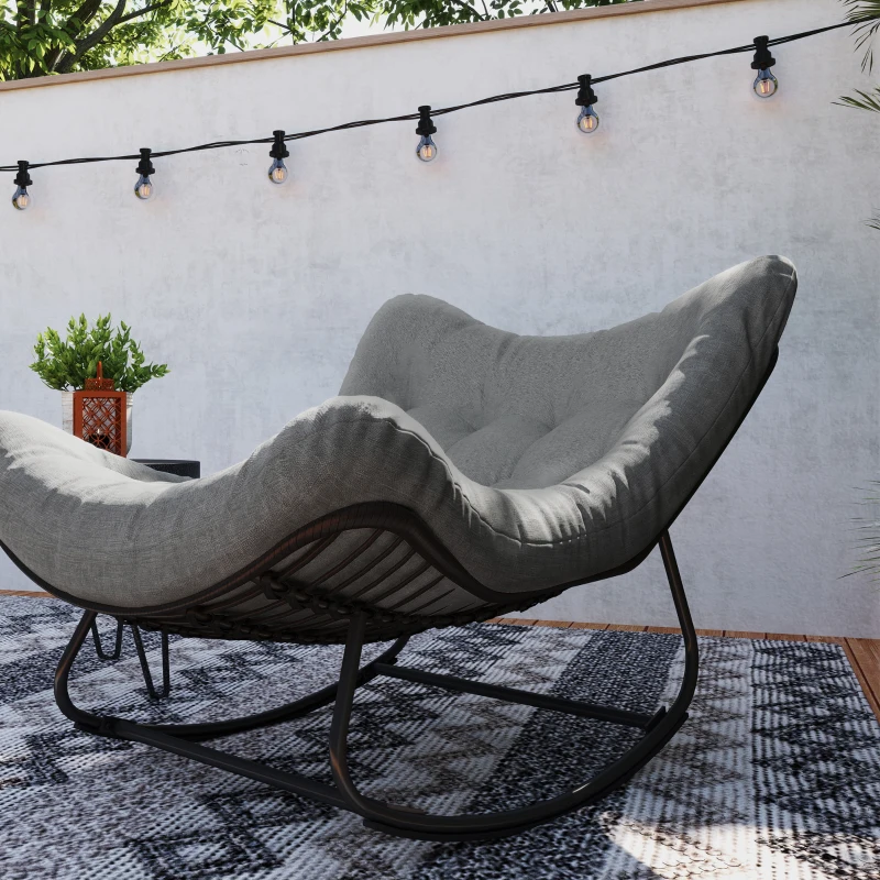 Outsunny Outdoor Rocking Chair, Oversized Patio Egg Chair with Padded Cushion, Rattan Wicker for Indoor, Backyard, Dark Grey