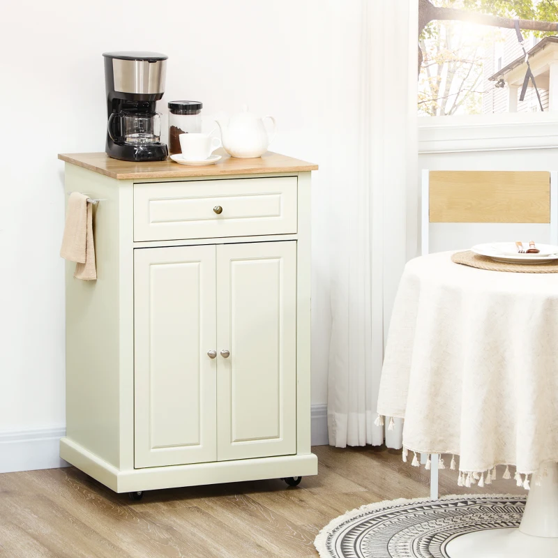 HOMCOM Rolling Kitchen Island Cart, Portable Serving Trolley Table with Drawer, Adjustable Shelf and 2 Towel Racks, Cream White