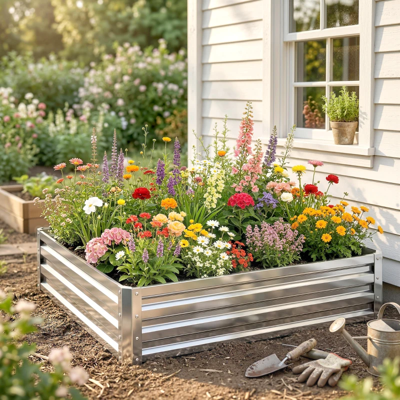 Outsunny 4' x 4' x 1' Galvanized Raised Garden Bed, Outdoor Metal Planter Box with Open Bottom, Square Raised Garden Box for Vegetables, Flowers, Herbs, Silver