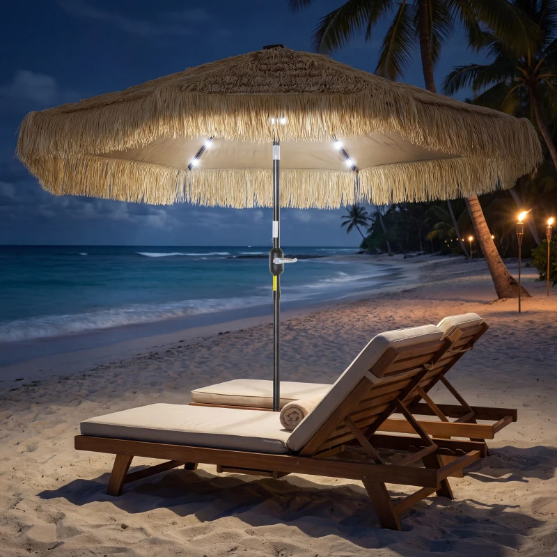 Outsunny 9 ft Hula Thatched Tiki Patio Umbrella with LED Solar Light, Outdoor Umbrella with Crank, Tilt, UPF30+, Khaki