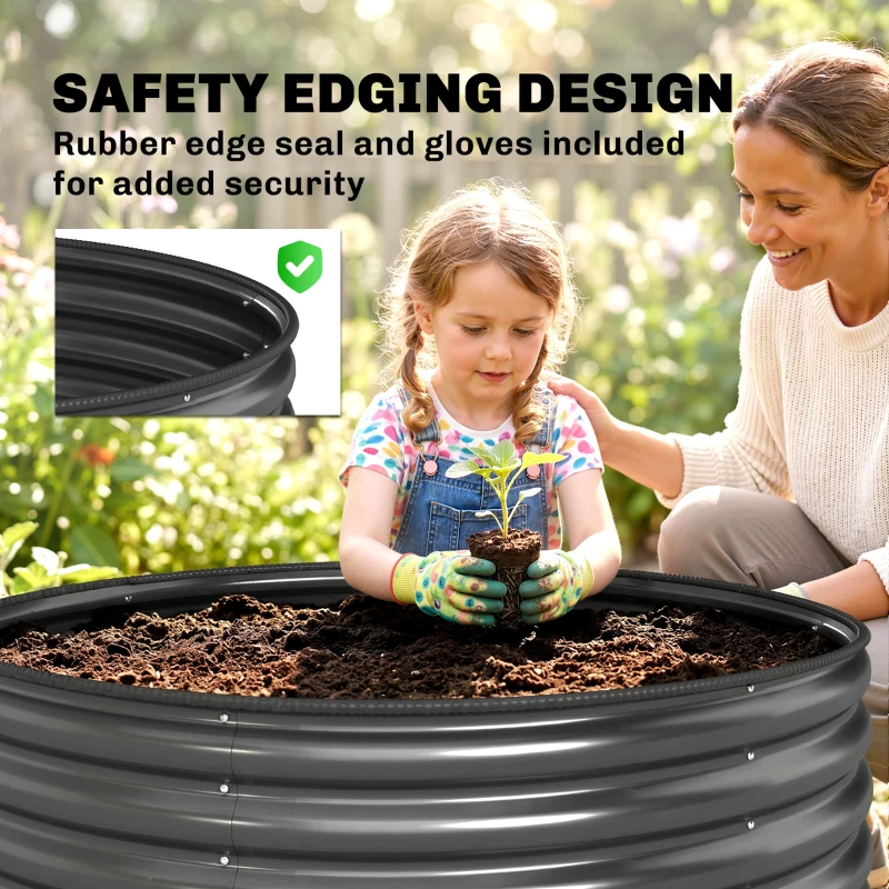 Outsunny Galvanized Raised Flower Bed, 4 x 4 x 1.5 ft Outdoor Metal Raised Bed with Safety Edging and Gloves, Dark Grey