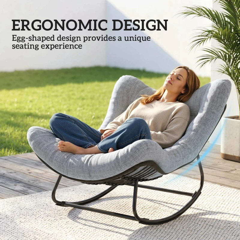 Outsunny Oversized Rattan Patio Egg Chair, Outdoor Rocking Chair with Padded Cushion for Indoor, Porch, Grey