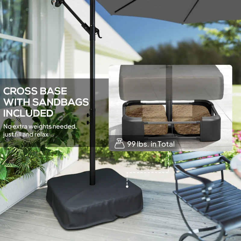 Outsunny 10 ft Cantilever Patio Umbrella with Light, Weight, Offset Hanging Outdoor Umbrella with Protective Cover, Dark Gray