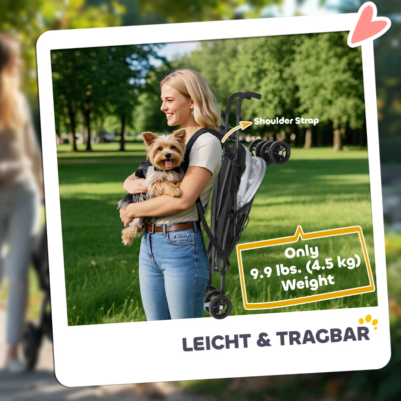 PawHut Foldable Dog Stroller, Lightweight Dog Pram w/ Shoulder Strap, Storage Bag, Cup Holder, Light Grey
