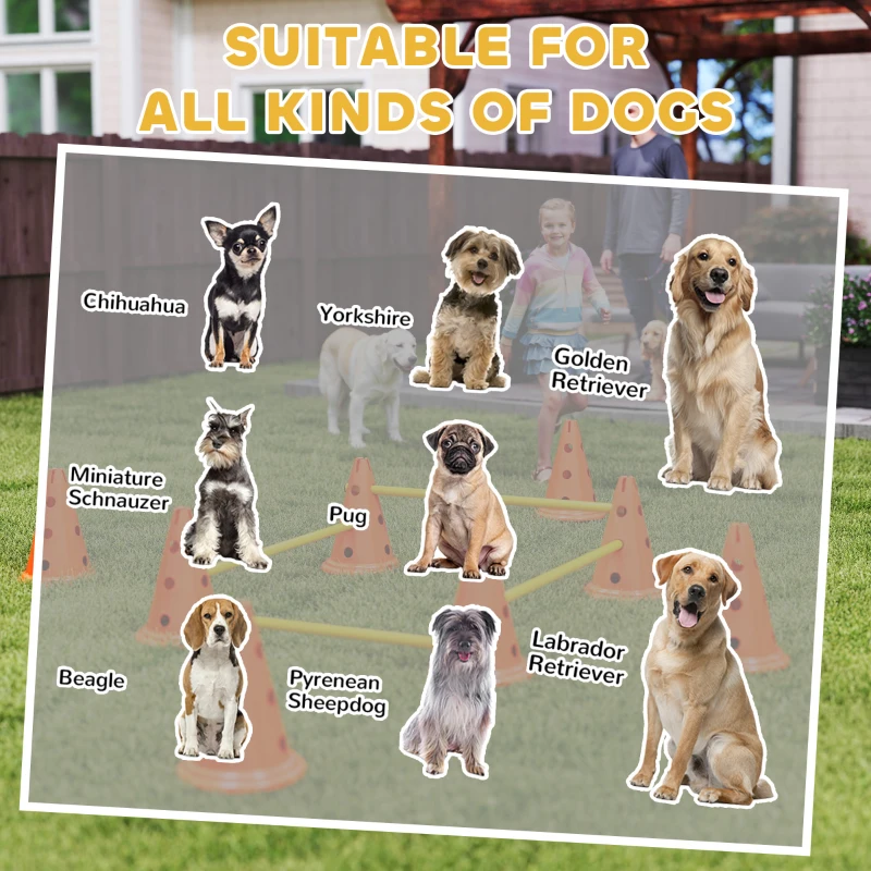 PawHut Dog Agility Hurdle Cone Set, Adjustable Obstacle Course Equipment with 8 Cones & 8 Poles, Carry Bag, Orange