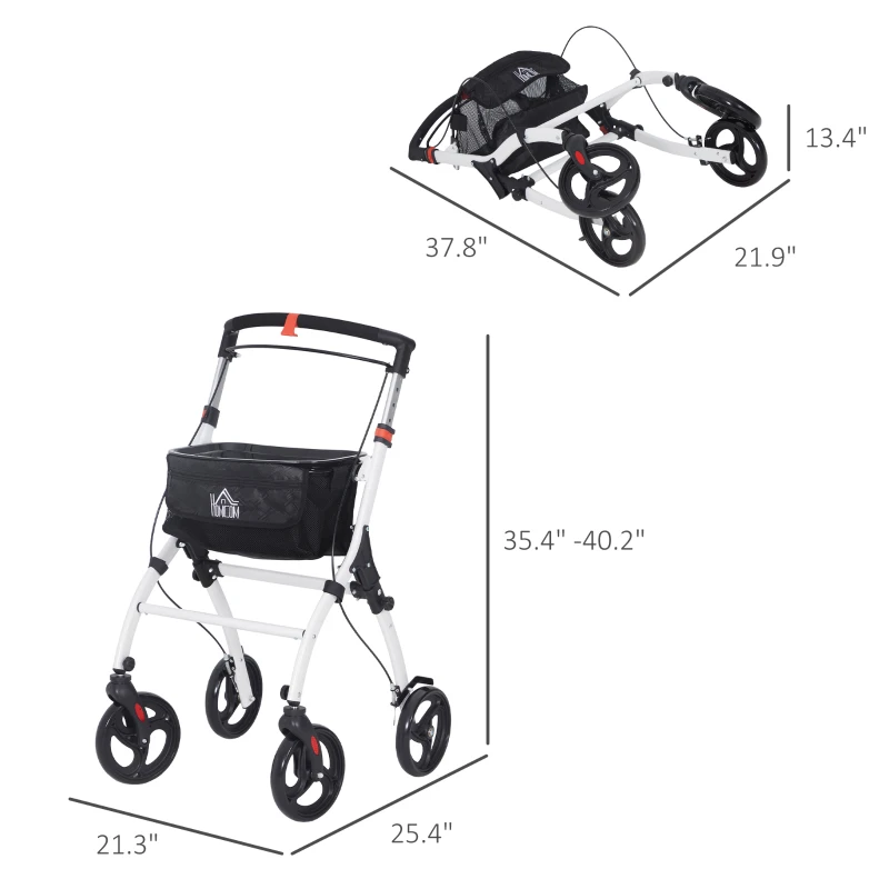 HOMCOM Upright Walker Rollator, Rolling Walker with Storage Bag, Tray, Dual Brakes, Adjustable Height, for Seniors, White