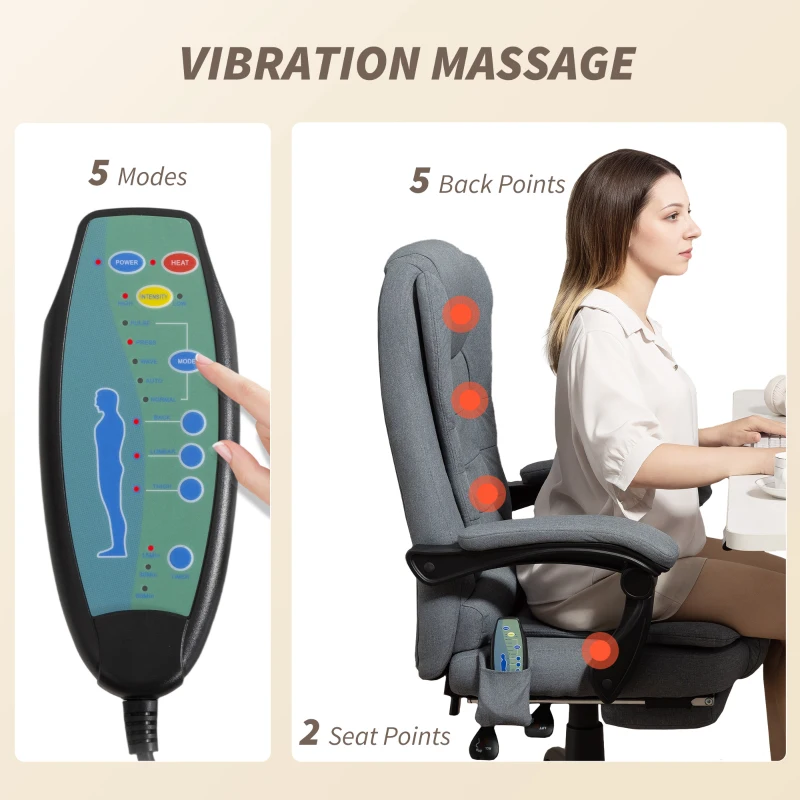 Vinsetto 7-Point Vibrating Massage Chair, Reclining Office Chair with Footrest, Reclining Back, Adjustable Height, Grey