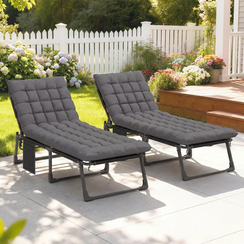 Outsunny Folding Chaise Lounge Chair Outdoor Tanning Chair Set of 2 with 5-Position Backrest, Cushions, Side Pocket, Dark Gray
