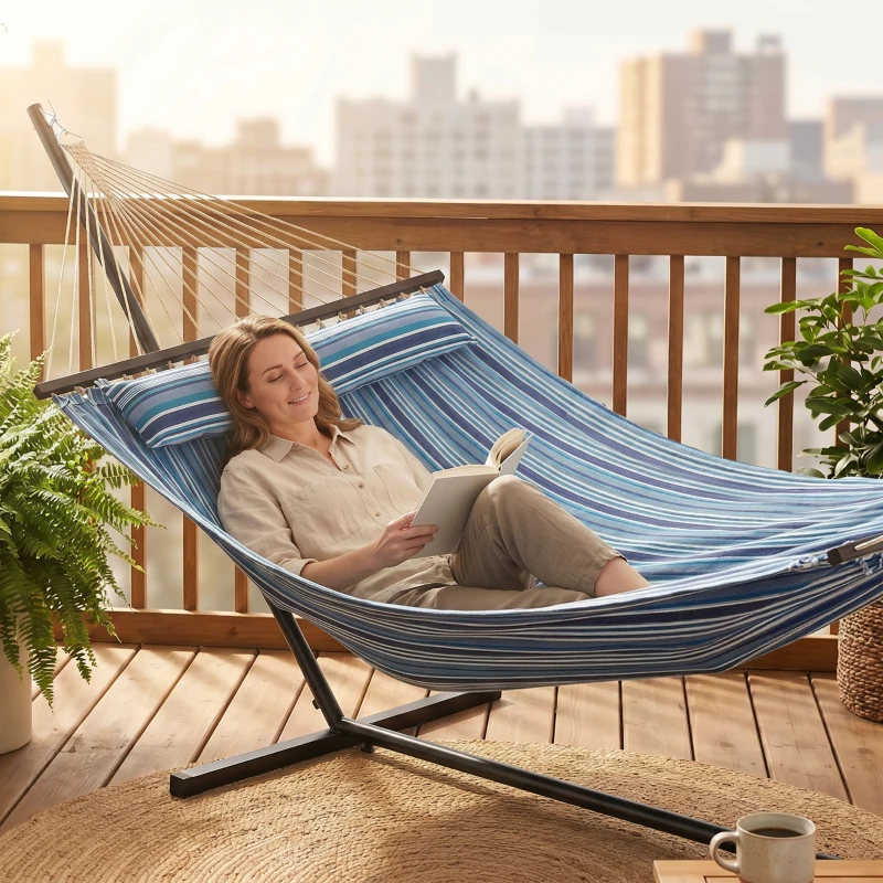 Outsunny Hammock with Stand Heavy Duty Camping Hammock with Steel Frame for Patio Backyard Blue and White