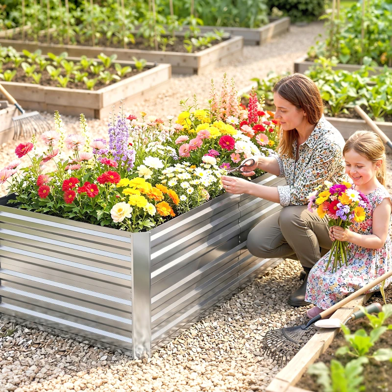 Outsunny Galvanized Raised Garden Bed, Steel Outdoor Planters with Reinforced Rods, 71" x 36" x 23", Silver