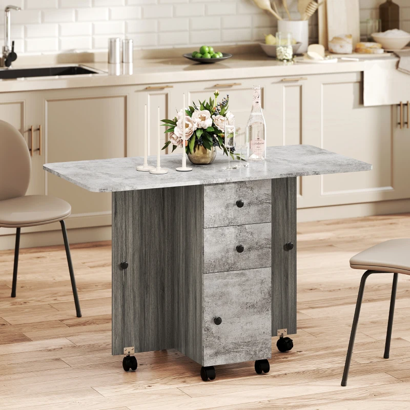 HOMCOM Drop Leaf Dining Table, Mobile Folding Table on Wheels with Drawers and Cabinet for Dining Room, Kitchen, Grey