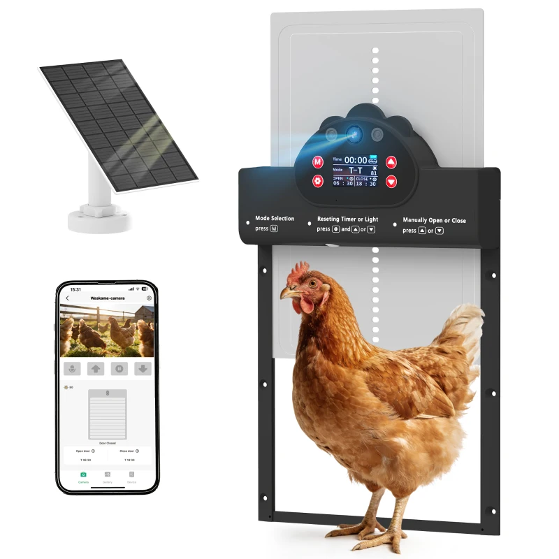 PawHut 2K HD AI Camera Automatic Chicken Coop Door with APP Remote Control, WiFi Solar Powered with 5200 mAh Large Battery