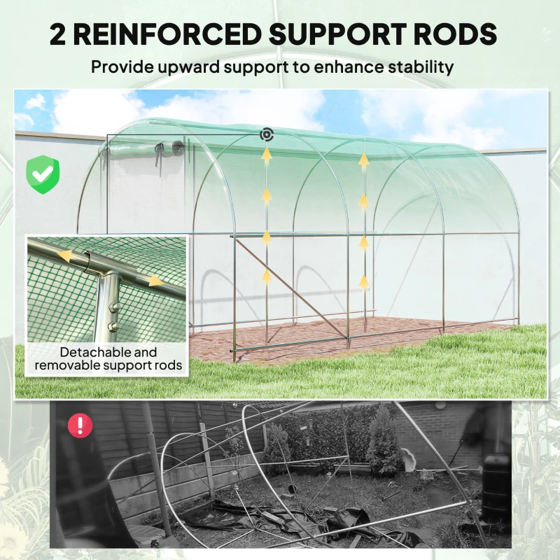 Outsunny Hoop House Greenhouse, Walk-in Tunnel Greenhouse with 2 Support Rods, Zippered Roll-up Mesh Door, 14.6'x6.5'x6.6', Green