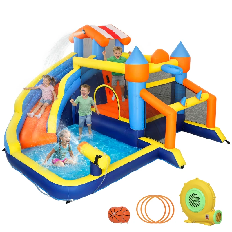 Qaba Bouncy Castle for Kids, Inflatable Bounce House with Slide, Pool (Ball Pit), Climbing Wall and Blower for Indoor Outdoor
