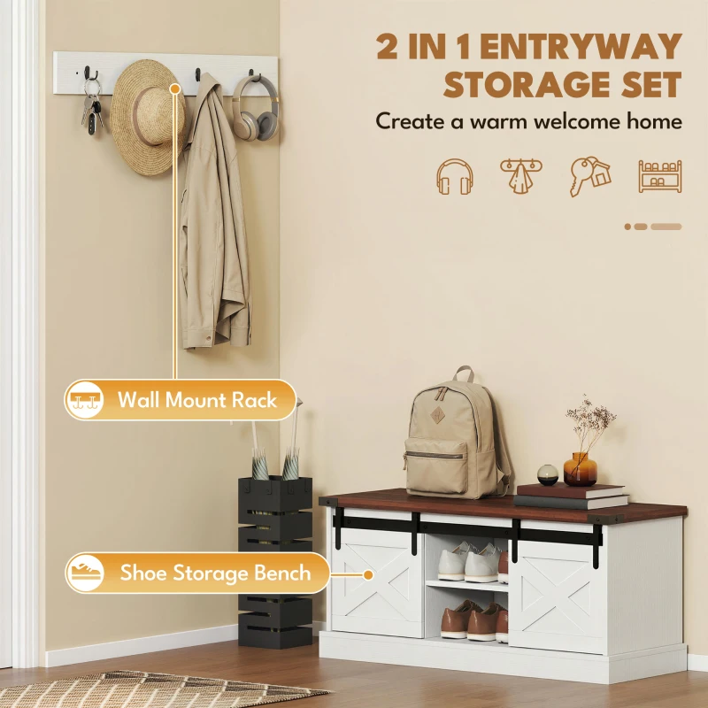 HOMCOM Coat Rack Shoe Bench Set 2-Piece Hall Tree Storage 4 Hooks Sliding Barn Doors White and Dk Walnut