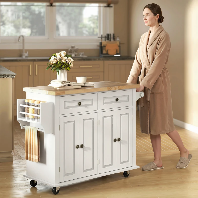 HOMCOM 44" Mobile Kitchen Island Table, Kitchen Island Cart on Wheels with Storage Cabinets, 2 Drawers, White