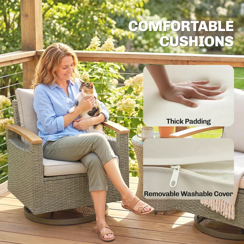 Outsunny Patio Outdoor Swivel Chairs Set of 2, PE Rattan Patio Wicker Chair with Soft Cushions, Steel Frame, Cream White