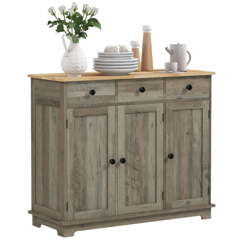 HOMCOM Kitchen Storage Cabinet, Sideboard Floor Cupboard with Solid Wood Top, Adjustable Shelf, and 3 Drawers, Distressed Gray
