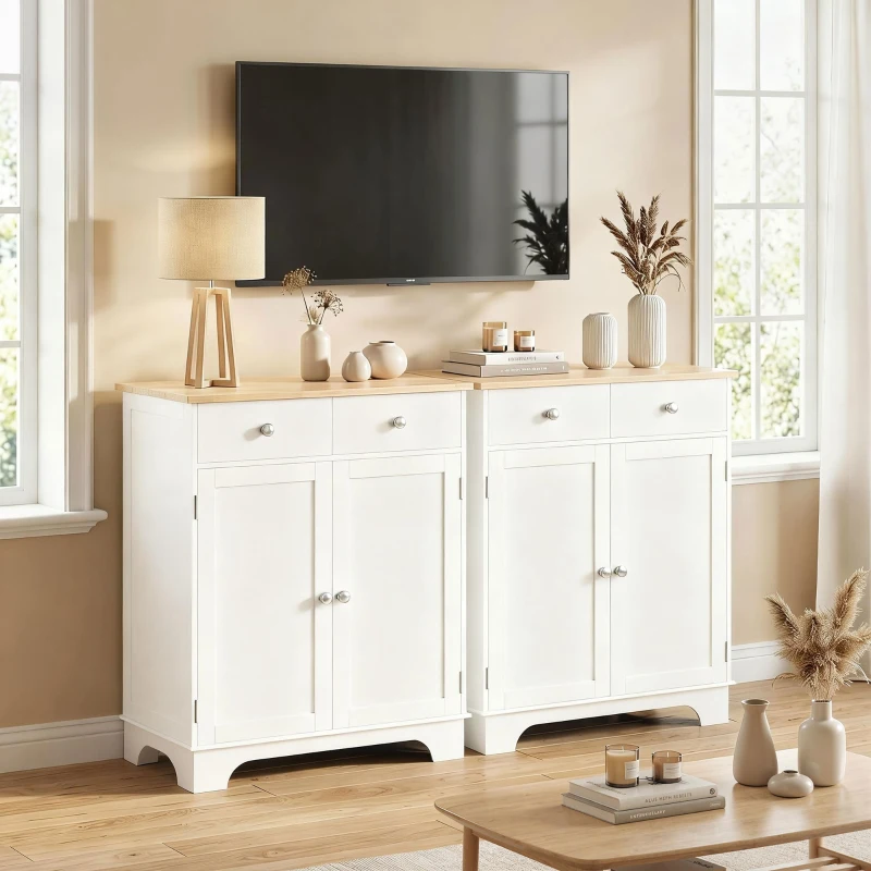 HOMCOM Sideboard Buffet Cabinet with Storage, 27" Kitchen Cabinet with Adjustable Shelf, 2 Drawers and 2 Doors, Coffee Bar Cabinet with Rubberwood Tabletop, White