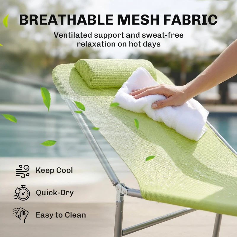 Outsunny Folding Chaise Lounge Pool Chairs, Outdoor Sun Tanning Chairs with Pillow, Reclining Back, Steel Frame & Breathable Mesh for Beach, Yard, Patio,  Green