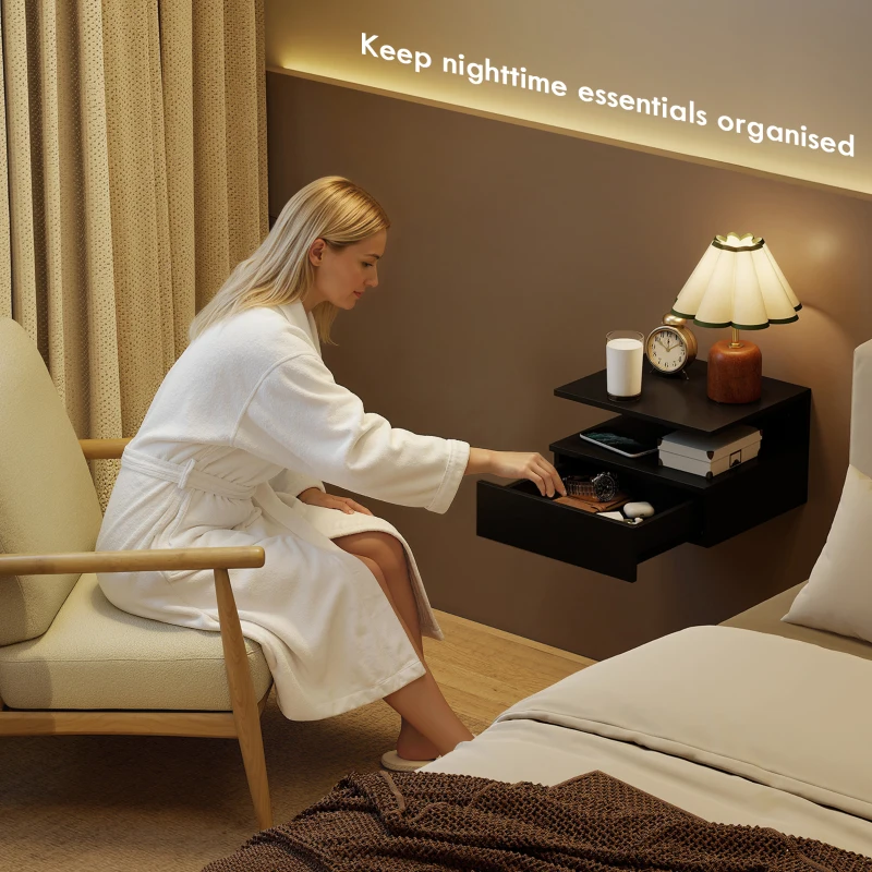 HOMCOM Floating Nightstand Set of 2, Wall Mounted Bedside Table with Drawer and Shelf, Small Night Stand for Bedroom, Black