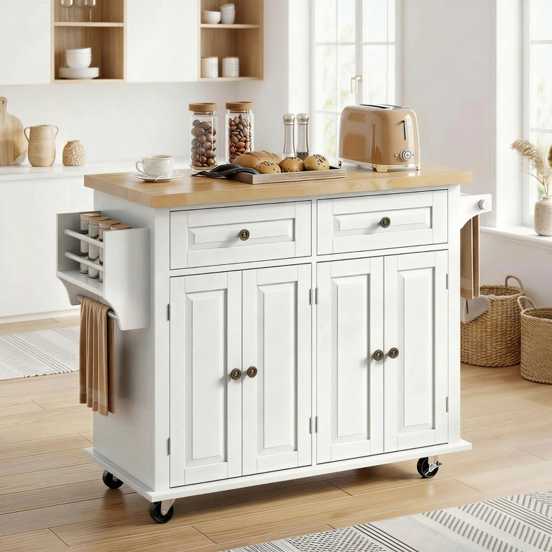HOMCOM 44" Mobile Kitchen Island Table, Kitchen Island Cart on Wheels with Storage Cabinets, 2 Drawers, White