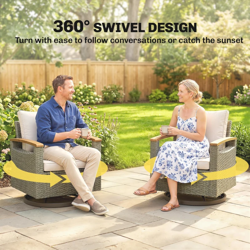 Outsunny Patio Outdoor Swivel Chairs Set of 2, PE Rattan Patio Wicker Chair with Soft Cushions, Steel Frame, Cream White