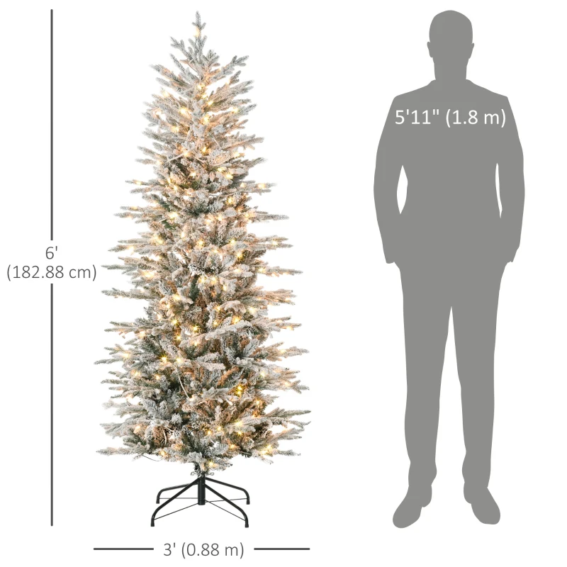 HOMCOM 6' Pre Lit Arctic Fir Artificial Flocked Christmas Trees, with Snow Branches, Warm White UL Listed Clear Lights