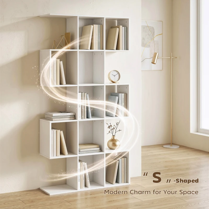 HOMCOM 5-Tier Bookshelf, S Shaped Geometric Bookcase with 15 Compartments, White Wood Grain