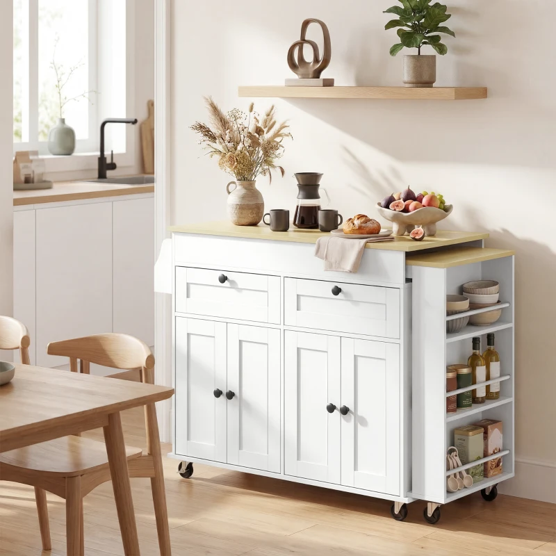 HOMCOM Kitchen Island with Sliding Expandable Top, Rolling Kitchen Cart with Drawers, Cabinets & Spice Rack, White