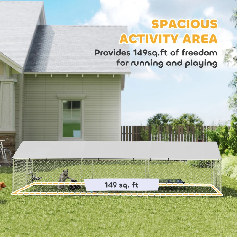 PawHut Dog Kennel Outdoor Dog Run Waterproof UV-Resist Cover Lockable Door Adjustable Bowls 20 x 7.5 x 5ft