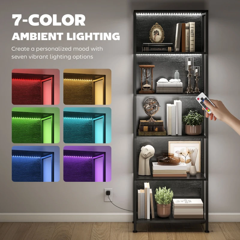 HOMCOM 5-Tier Bookshelf, Freestanding Bookcase with LED Lights and Metal Frame for Living Room, Bedroom, Home Office, Black