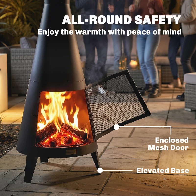 Outsunny Wood Burning Firepit with Chimney, Outdoor Fire Pit with Poker, Mesh Screen, Black