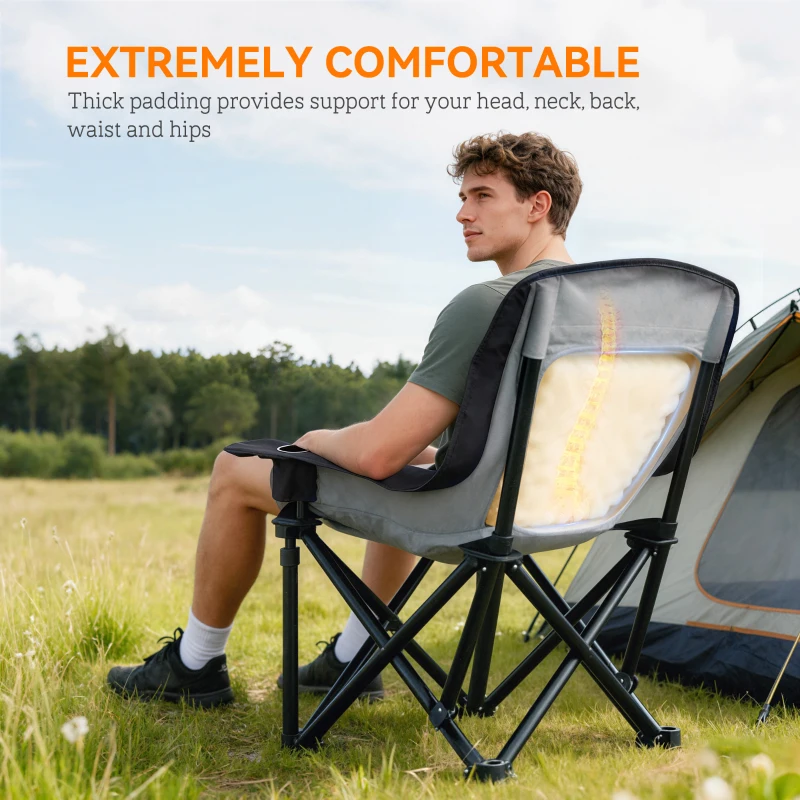 Outsunny Camping Chair for Adults, Portable Folding Camping Chair with Side Pockets, Cup Holders, Carry Bag, Black and Gray