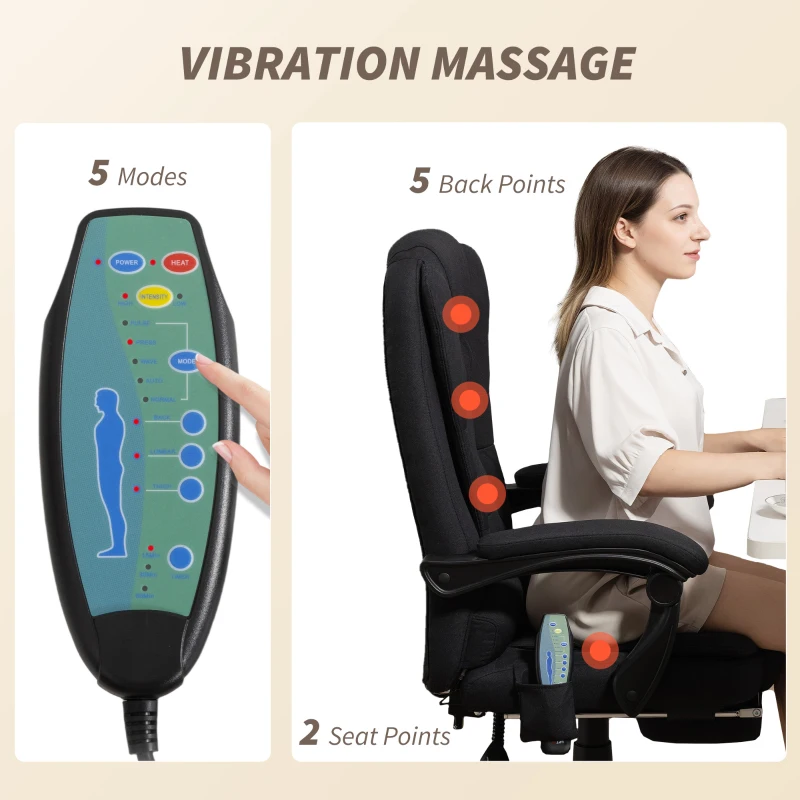 Vinsetto 7-Point Vibrating Massage Chair, Reclining Office Chair with Footrest, Reclining Back, Adjustable Height, Black