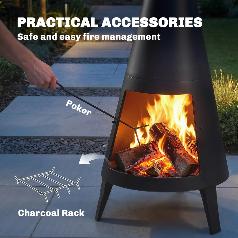 Outsunny Wood Burning Firepit with Chimney, Outdoor Fire Pit with Poker, Mesh Screen, Black