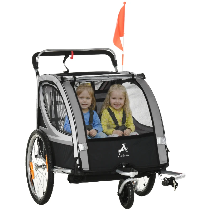 Aosom 2 Seat Bike Trailer for Kids 2-in-1 Baby Stroller with Handbrake, Rubber Wheels, 5 Point Harness, Reflectors, Grey