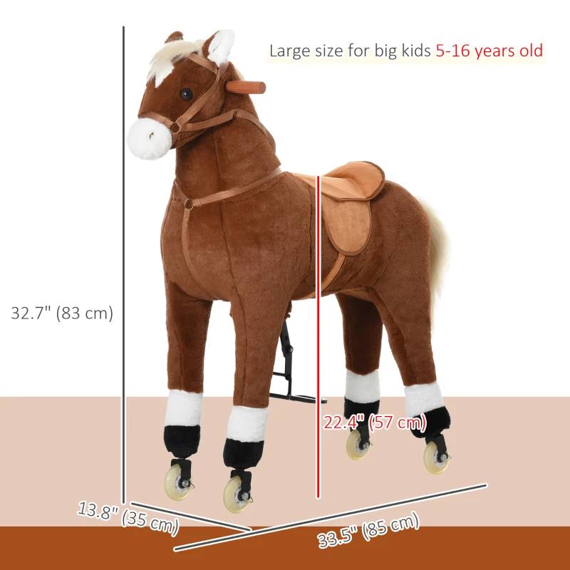 Qaba Kids Rocking Horse Walking Horse with Wheels, Large Size Moving Hobby Horse Ride on Toy Gift for Children 5-16 Years