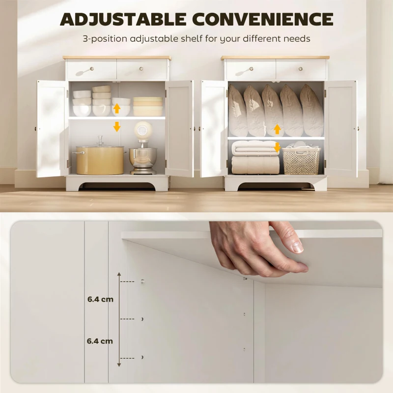 HOMCOM Sideboard Buffet Cabinet with Storage, 27" Kitchen Cabinet with Adjustable Shelf, 2 Drawers and 2 Doors, Coffee Bar Cabinet with Rubberwood Tabletop, White