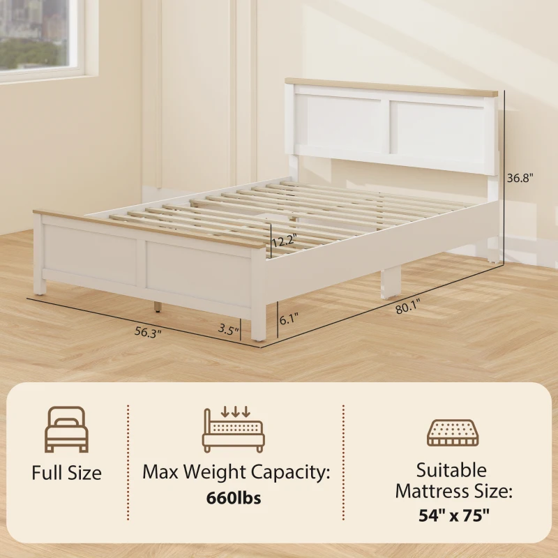 HOMCOM Full Bed Frame with Headboard, Modern Platform Bed Frame with Wooden Slats, No Box Spring Needed, Easy Assembly, White