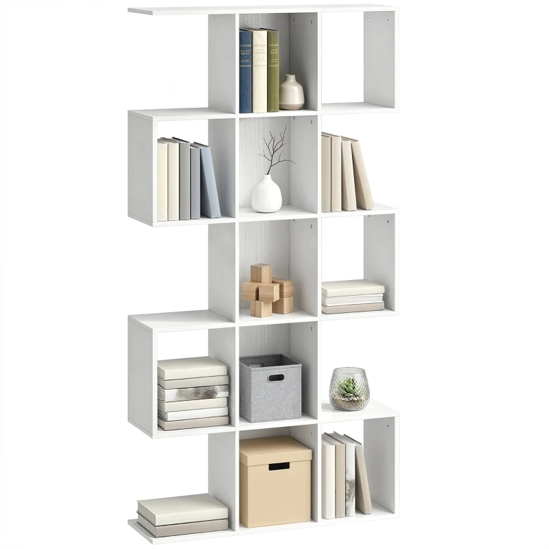 HOMCOM 5-Tier Bookshelf, S Shaped Geometric Bookcase with 15 Compartments, White Wood Grain