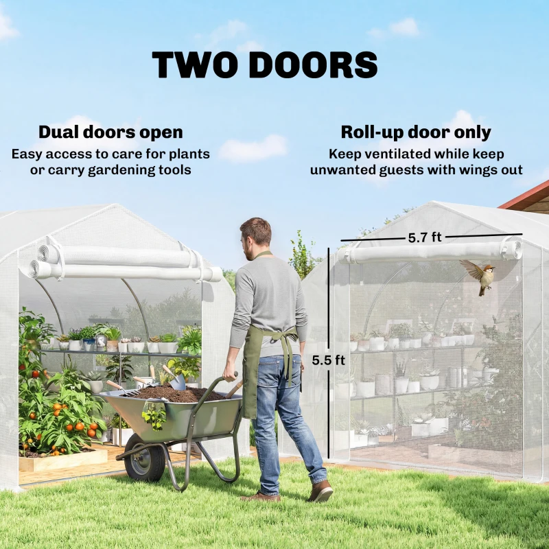 Outsunny 10'x11'x6' Walk-in Tunnel Greenhouse with Shelves, Mesh Door and Windows, Plant Hot House with PE Cover, White