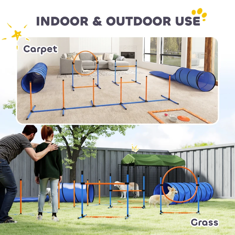 PawHut 13-Piece Dog Agility Training Equipment Set, Pet Obstacle Course with 2 Tunnels, Adjustable Jumps, Orange Blue