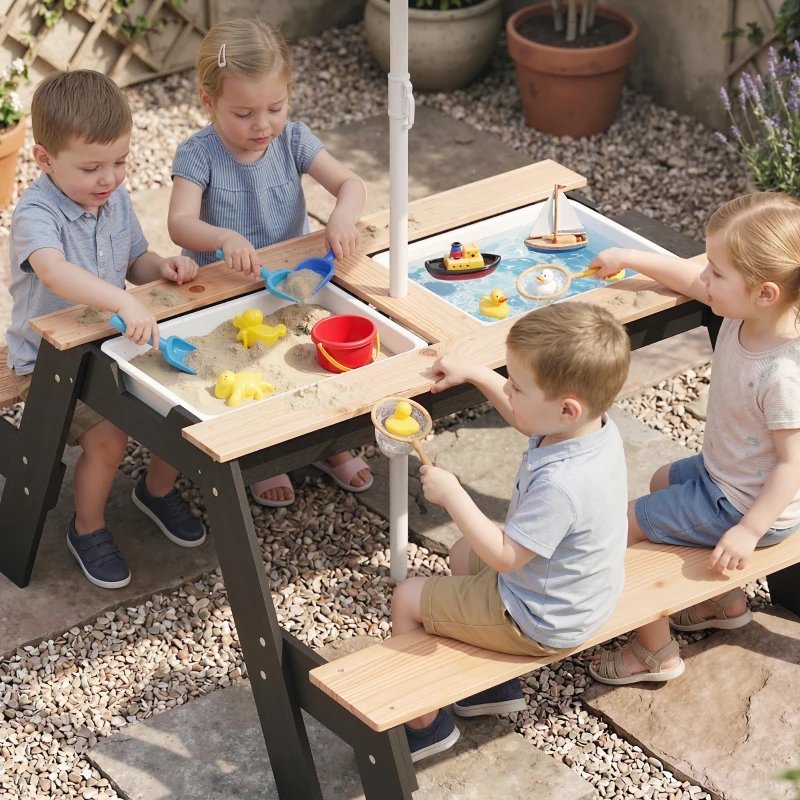 Qaba Kids Picnic Table with Umbrella, 3 in 1 Wooden Sand & Water Table with 2 Hidden Play Boxes for Patio, Ages 3-6