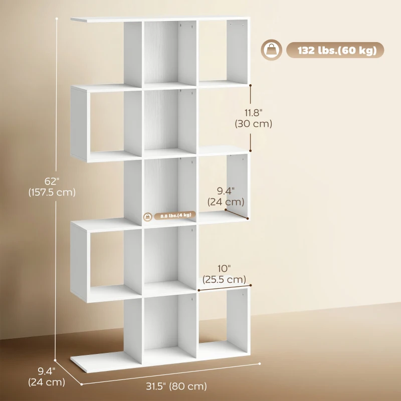 HOMCOM 5-Tier Bookshelf, S Shaped Geometric Bookcase with 15 Compartments, White Wood Grain