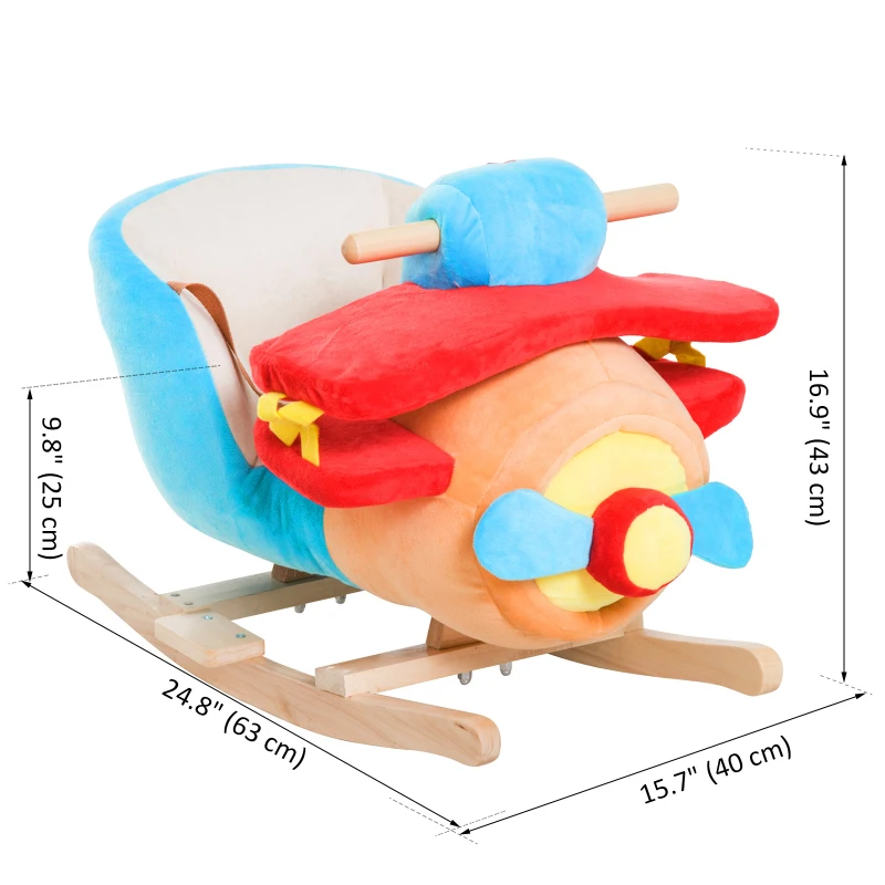 Qaba Baby Rocking Horse Plane Design Plush Stuffed Rocking Chair, Wooden Rocking Horse with Sound, Seat Belt for Boys and Girls Gift, Red